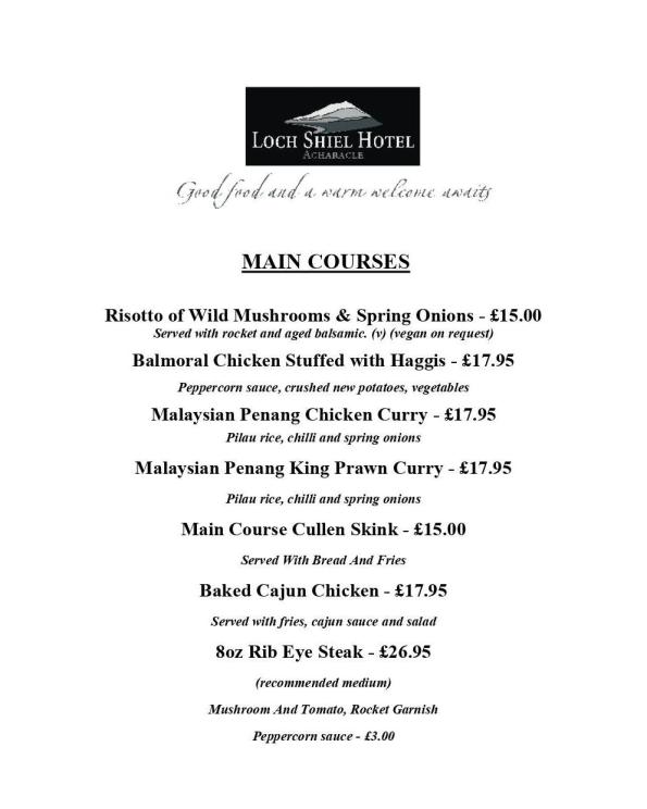 Main Course Menu Page 1 Loch Shiel Hotel
