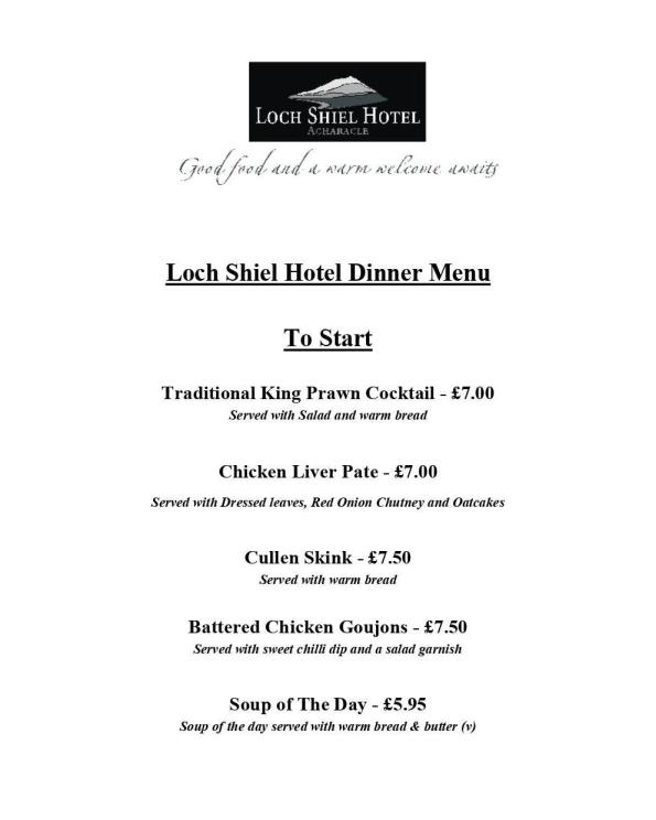 Starter Menu for Loch Shiel Hotel Restaurant